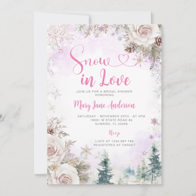 Invitación Pink Purple Snowflake Snow in Love Bridal Shower (Anverso)