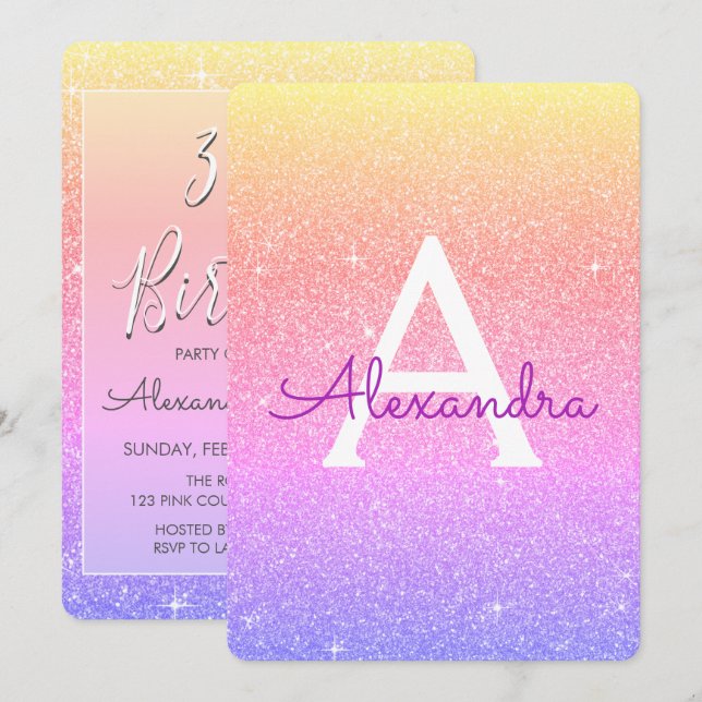 Invitación Pink Purple Sparkle Purpurina 30 cumpleaños Fiesta (Anverso / Reverso)
