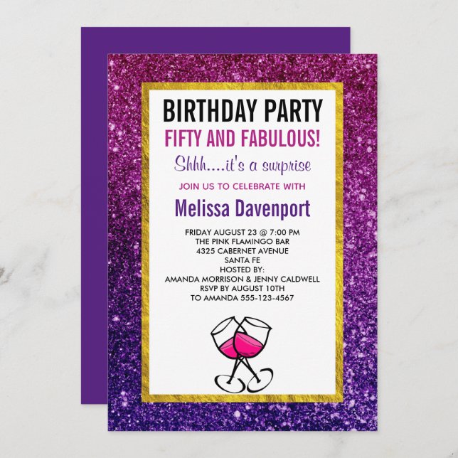 Invitación Pink & Purple Sparkle Purpurina 50 cumpleaños (Anverso / Reverso)