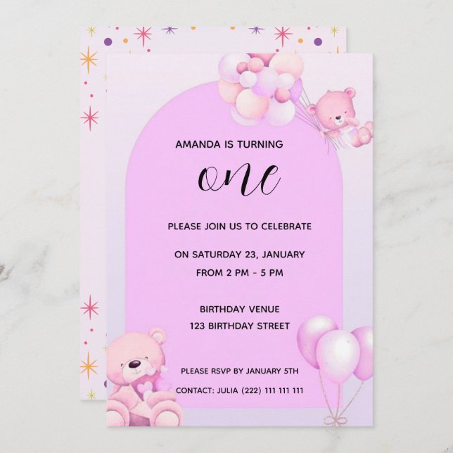 Invitación Pink Purple Teddy Bear 1st Birthday Invitation (Anverso / Reverso)