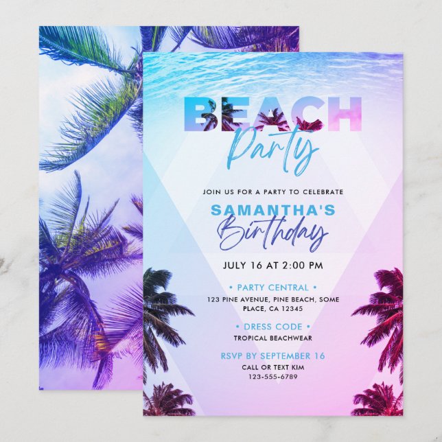 Invitación Pink & Purple Tropical Beach Sunset Fiesta de Cump (Anverso / Reverso)