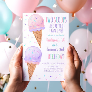 Invitación Pink Purple Two Scoops Ice Cream Joint Cumpleaños