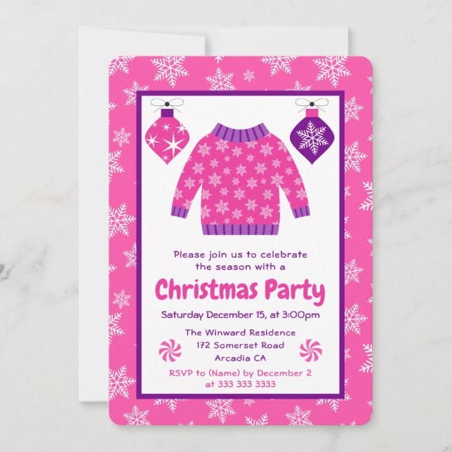 Invitación Pink & Purple Ugly Sweater Christmas Party (Anverso)