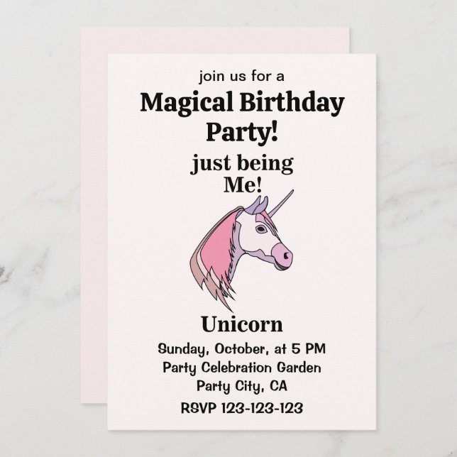 Invitación Pink Purple Unicorn Head Magical Birthday Party (Anverso / Reverso)
