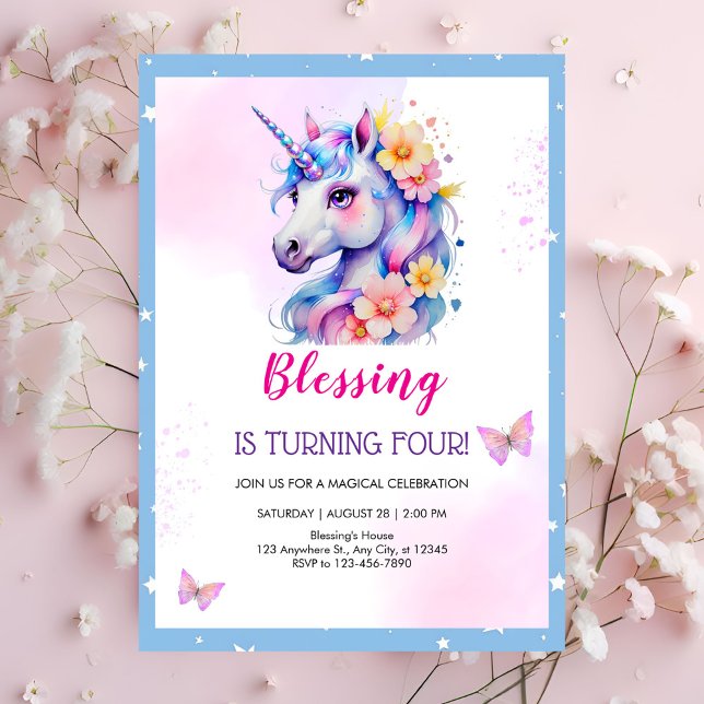 Invitación Pink Purple Unicorn Magical Day 4º cumpleaños (Subido por el creador)