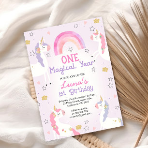 Invitación Pink Purple Unicorn Un año mágico primer cumpleaño