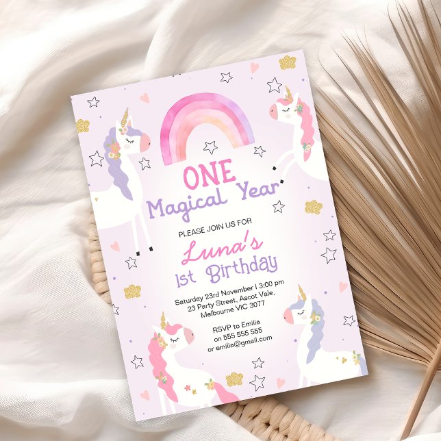 Invitación Pink Purple Unicorn Un año mágico primer cumpleaño (Girls One magical Year Unicorn 1st Birthday Invitation Rainbow Pink Purple Unicorn First Birthday)