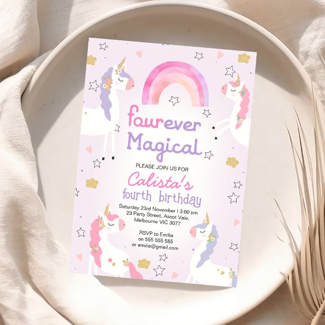 Invitación Pink Purple Unicornio Fourever Magical 4º cumpleañ (Fourever Magical Unicorn 4th Birthday Invitation, Unicorn Fourth Birthday Party Invite, Purple Pink)
