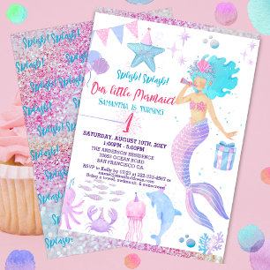 Invitación Pink Purple Whimsical Chica Primera Sirena Cumplea