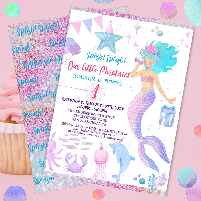 Invitación Pink Purple Whimsical Chica Primera Sirena Cumplea (Subido por el creador)