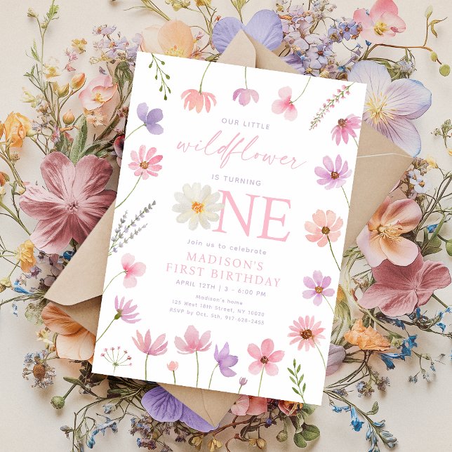 Invitación Pink Purple Wildflowers Primer cumpleaños (Subido por el creador)