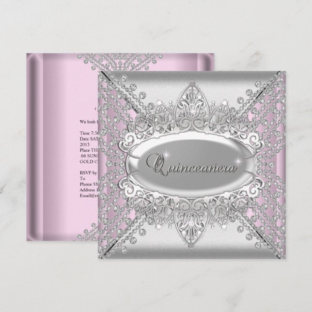 Invitación Pink Quinceanera 15 Diamantes Blancos de cumpleaño (Anverso / Reverso)