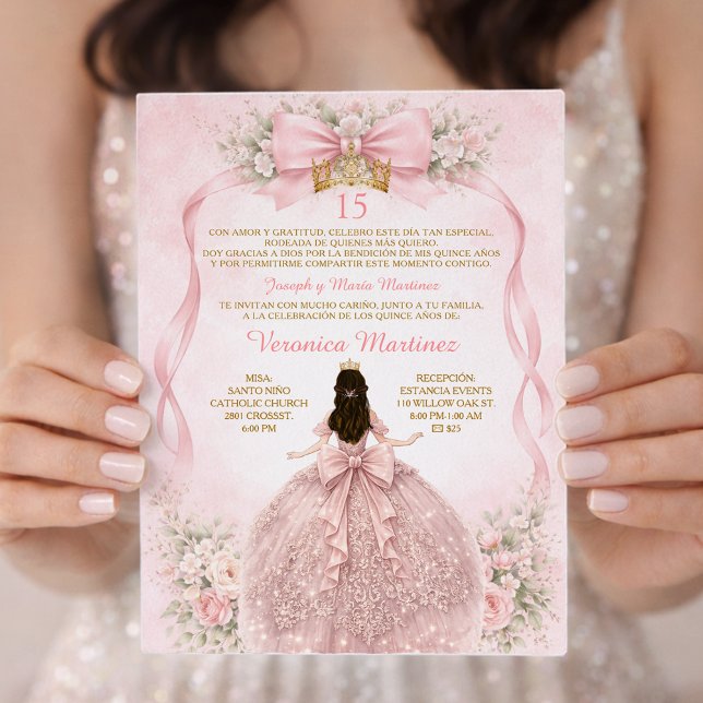 Invitación Pink Quinceañera Blush Bow Floral Sweet (Subido por el creador)
