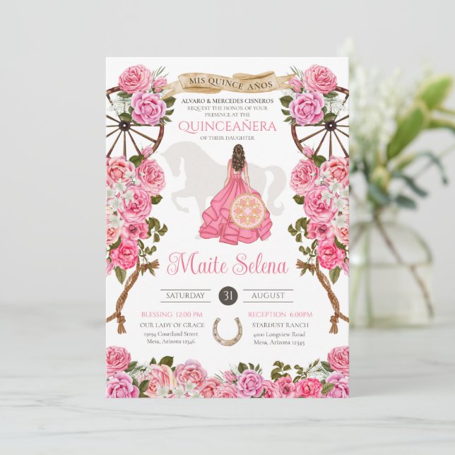 Invitación Pink Quinceanera Elegante Rosa Charro Cumpleaños (Anverso de pie)