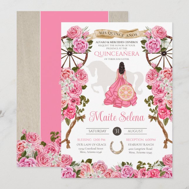 Invitación Pink Quinceanera Elegante Rosa Charro Cumpleaños (Anverso / Reverso)
