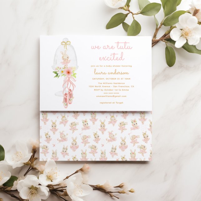 Invitación Pink Rabbit Ballerina Baby Shower (landscape ballerina watercolor baby shower invitation)
