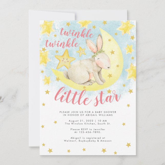 Invitación Pink Rabbit Gold Twinkle Little Star Baby Shower (Anverso)
