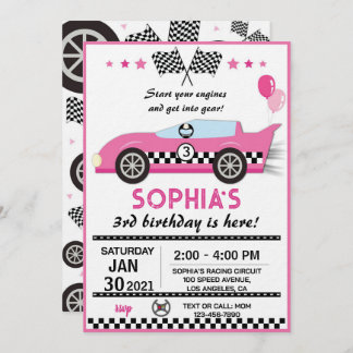 Invitación Pink Race Car Birthday Party