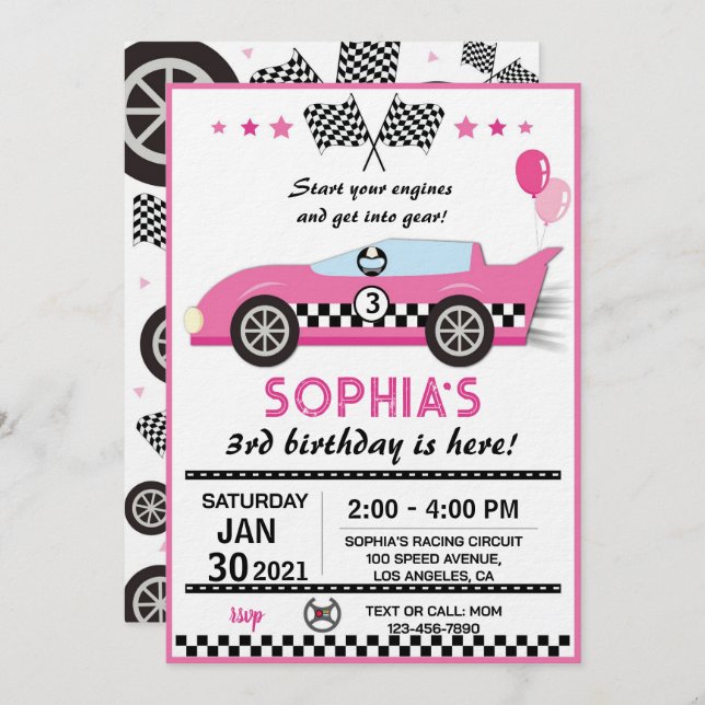 Invitación Pink Race Car Birthday Party (Anverso / Reverso)