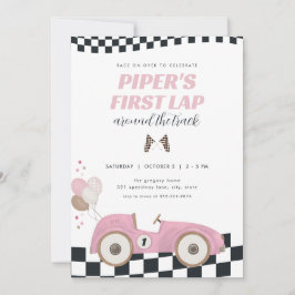 Invitación Pink Race Car First Lap Around the Track Birthday