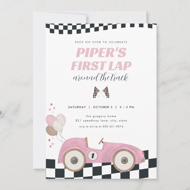 Invitación Pink Race Car First Lap Around the Track Birthday (Anverso)