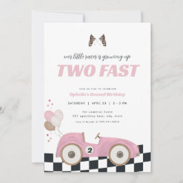 Invitación Pink Race Car Girl Two Fast Second Birthday Invite