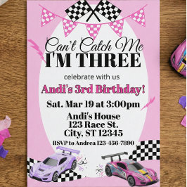 Invitación Pink Racecar, Can't Catch Me 3rd Birthday
