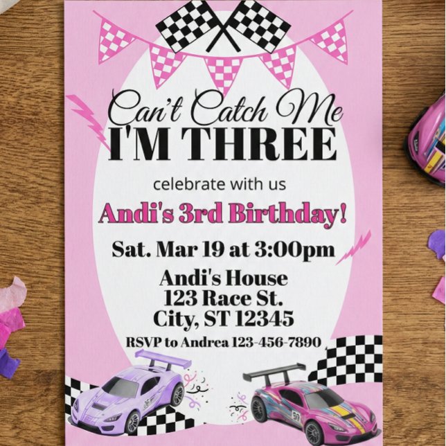 Invitación Pink Racecar, Can't Catch Me 3rd Birthday (Subido por el creador)