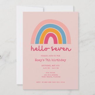 Invitación Pink Rainbow Hello Seven Girl 7th Birthday Party