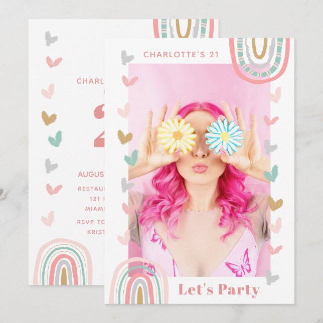 Invitación Pink Rainbow Modern 21st Birthday Fiesta (Anverso / Reverso)