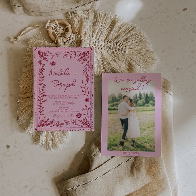 Invitación Pink Raspberry Drawn Floral Garden Photo Wedding   (Subido por el creador)