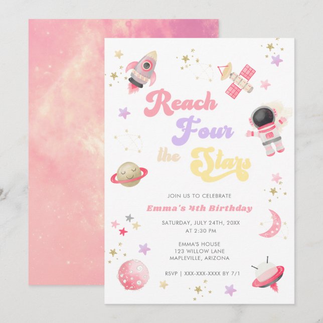 Invitación Pink Reach Four the Stars 4Birthday Invitation (Anverso / Reverso)
