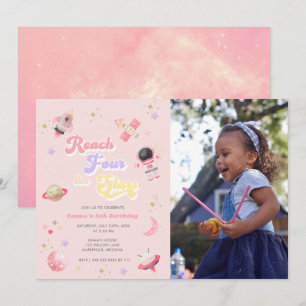 Invitación Pink Reach Four the Stars 4Birthday Invitation
