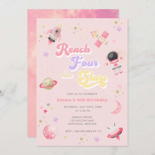 Invitación Pink Reach Four the Stars 4Birthday Invitation (Anverso / Reverso)