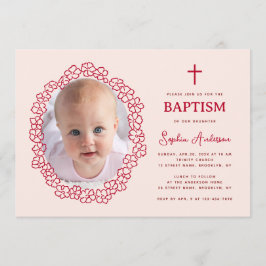 Invitación Pink Red Baptism with Girl Photo in Floral Wreath