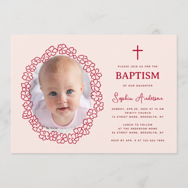 Invitación Pink Red Baptism with Girl Photo in Floral Wreath (Anverso)