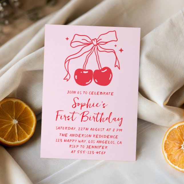 Invitación Pink & Red Bow Cherry Fruit 1st Birthday Party (Subido por el creador)