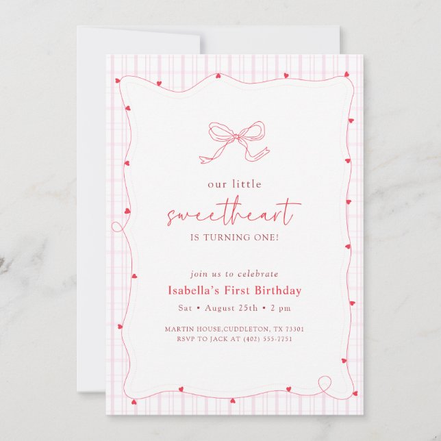 Invitación Pink Red Bow Little Sweetheart First Birthday (Anverso)