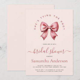 Invitación Pink Red Bow Tying the Knot Bridal Shower