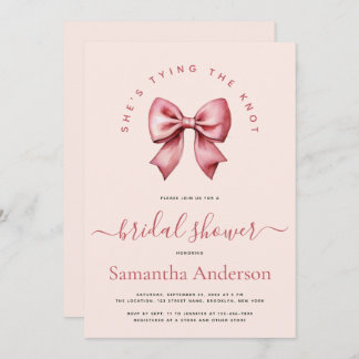 Invitación Pink Red Bow Tying the Knot Bridal Shower