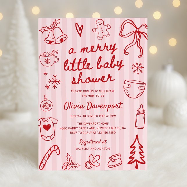 Invitación Pink Red Christmas Doodle Merry Little Baby Shower (Subido por el creador)