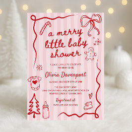 Invitación Pink Red Christmas Doodle Merry Little Baby Shower