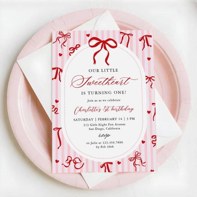 Invitación Pink Red Coquette Bow Valentine 1st Birthday (Subido por el creador)