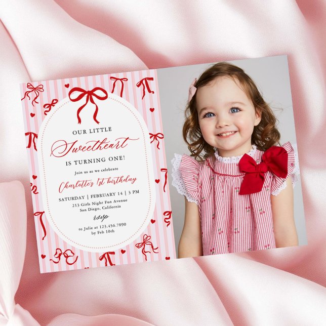 Invitación Pink Red Coquette Bow Valentine 1st Birthday Photo (Subido por el creador)