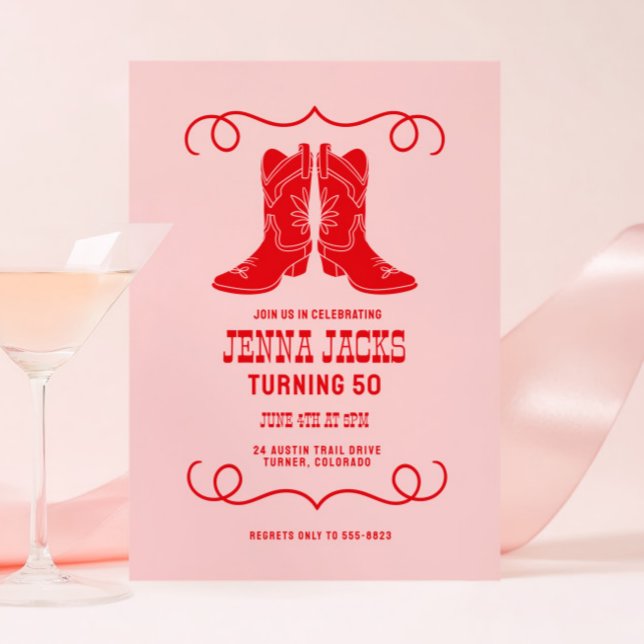 Invitación Pink Red Cowgirl Boots Ladies Birthday Party (Subido por el creador)