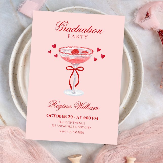 Invitación Pink red cute bow cocktail graduation (Subido por el creador)