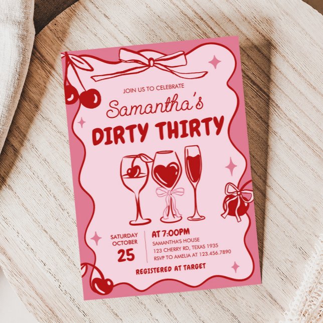 Invitación Pink Red Dirty Treinta Birthday Party (Hand Drawn Cherry Dirty Thirty Birthday Party Invitation)