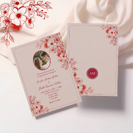 Invitación Pink Red Floral Photo Wedding