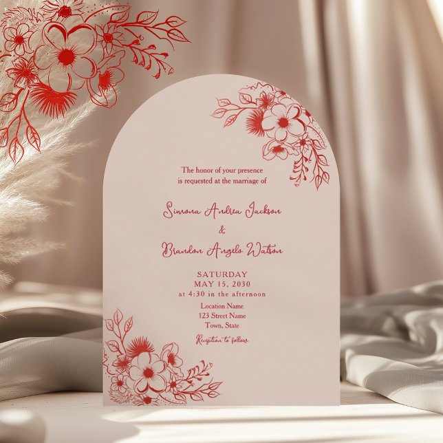 Invitación Pink Red Floral QR Code Wedding (Subido por el creador)