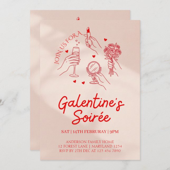Invitación Pink & Red Galentine’s Day Party Invitation Templa (Anverso / Reverso)